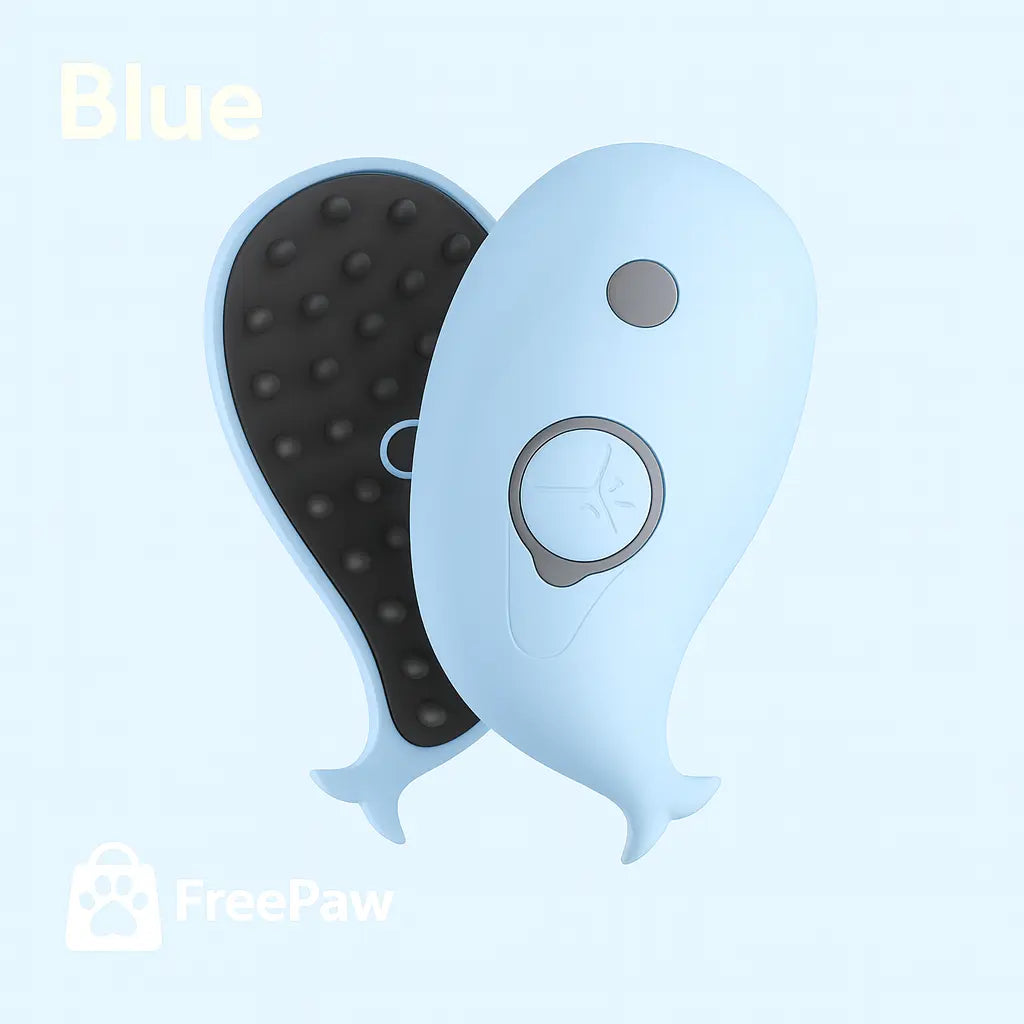 FreePaw Whale-shaped blue pet grooming brush with spray function for tangle-free fur