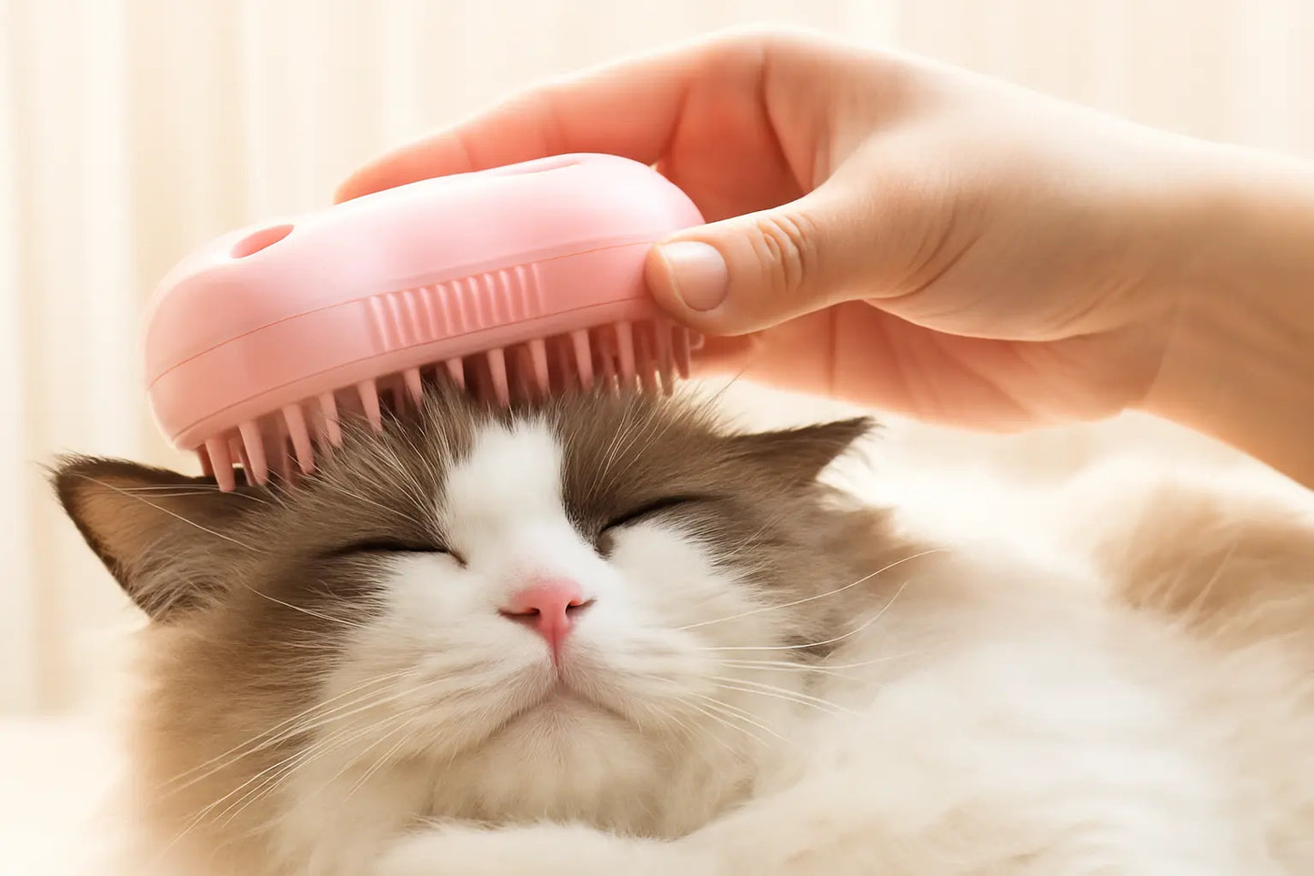 FreePaw cat grooming brush in use, white fluffy cat being brushed with gentle spray technology