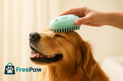 FreePaw grooming brush for dogs, golden retriever enjoying tangle-free grooming session