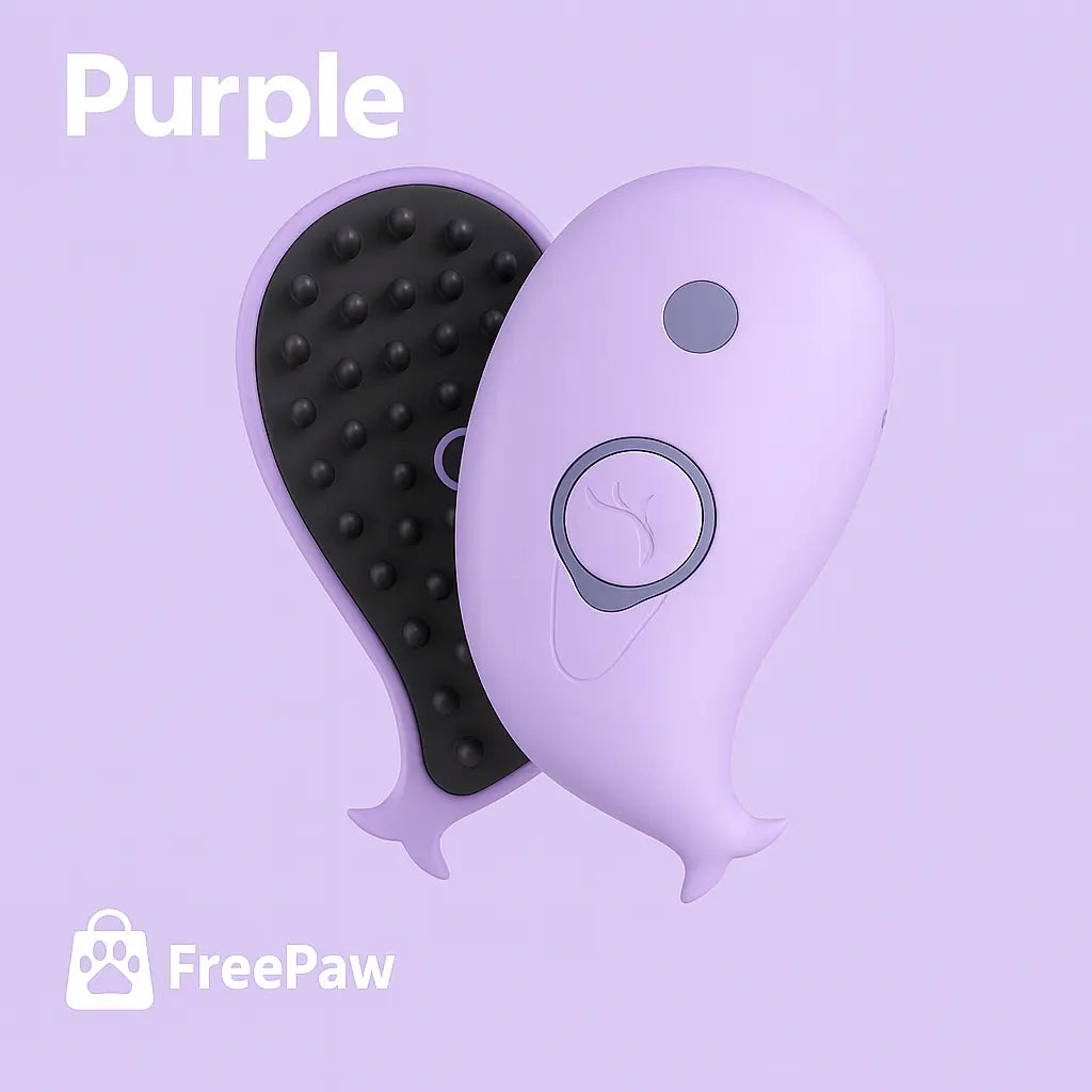 FreePaw Whale purple grooming brush with USB charging and soft bristles for cats and dogs